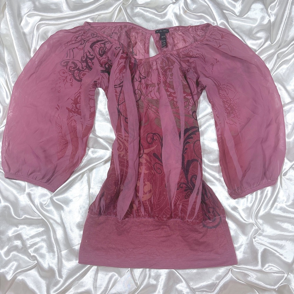 y2k Blouse Mauve Pink Excellent Sheer Mesh Graphic Print Balloon Sleeve Tunic